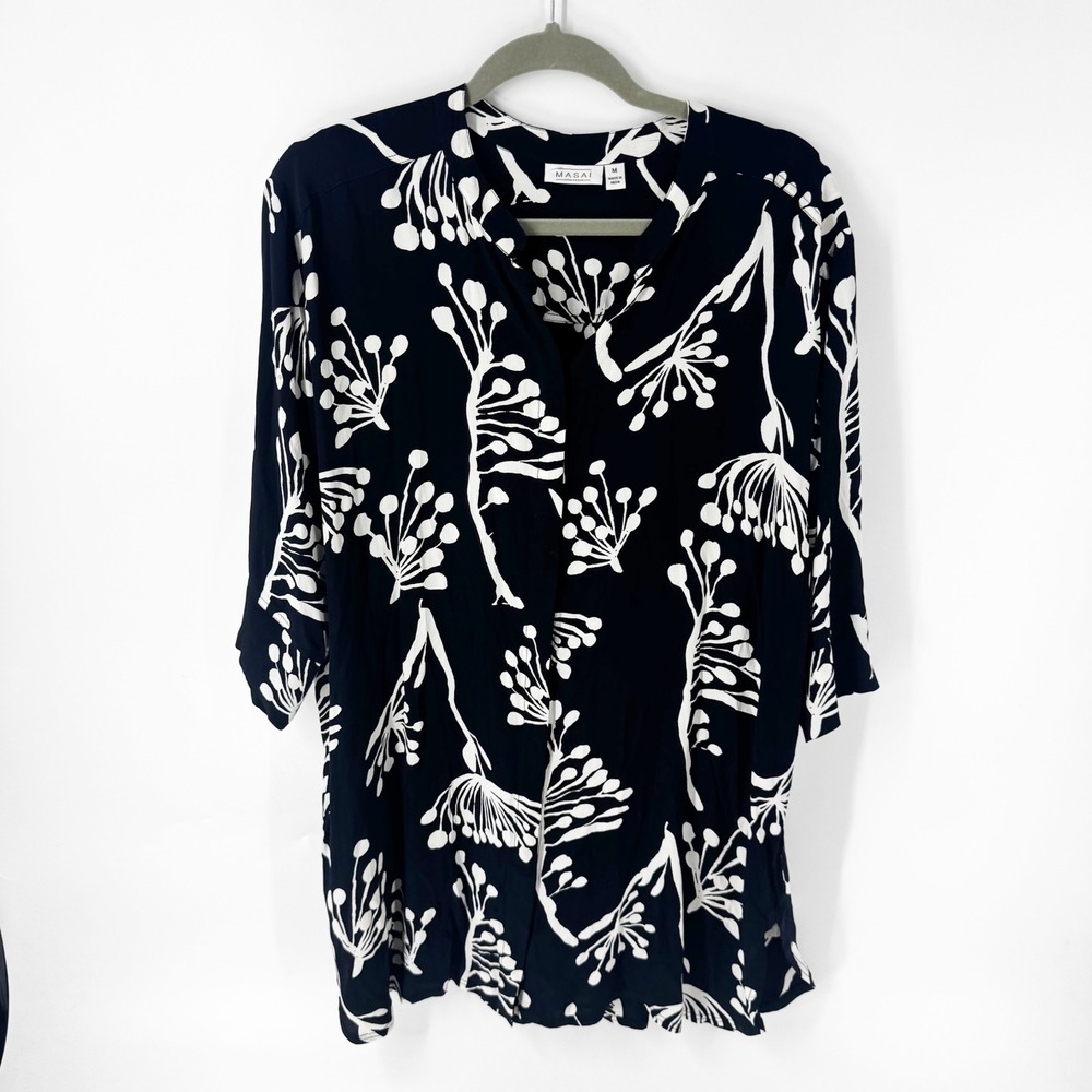 Masai Copenhagen Women Navy Blue White Floral Botanical Tunic/Dress Size M
